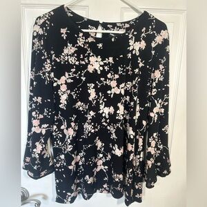 Karl Lagerfeld Floral Black Pink Women's Large Top Bell Sleeves